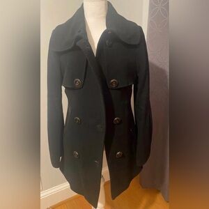 Vintage MACKAGE Wool Cashmere Blend Leather Trim Black Pea Coat - Size M